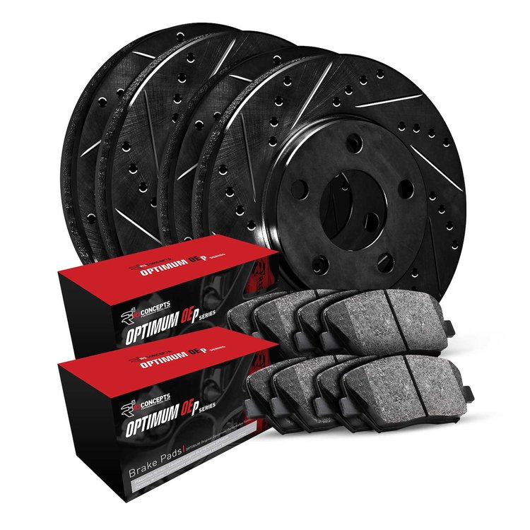 E-Line Drilled & Slotted Black Brake Rotor Set w/Optimum OE Pads, 2012-2015 Audi/Porsche/Volkswagen, Position: Front & Rear