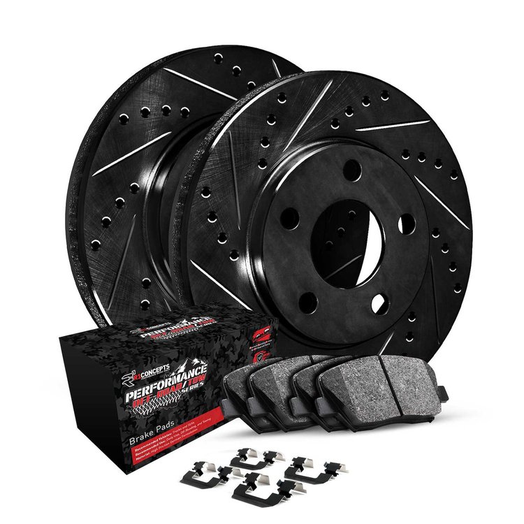 E-Line Drilled/Slotted Black Rotors w/Performance Off-Road/Tow Pads & Hardware, 2009-2018 Mopar, Position: Rear