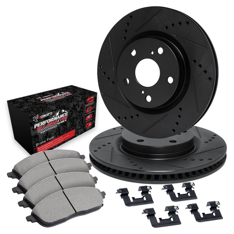 E-Line Drilled/Slotted Black Rotors w/Performance Off-Road/Tow Pads & Hardware, 2013-2019 Mercedes-Benz, Position: Front