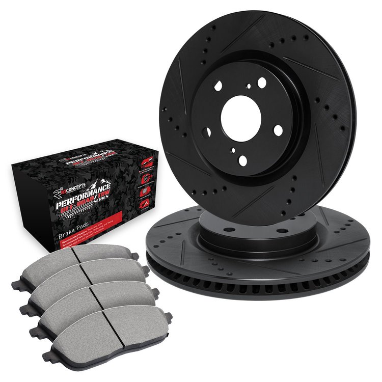 E-Line Drilled & Slotted Black Brake Rotor Set w/Performance Off-Road/Tow Pads, 1999-2006 Mopar, Position: Front
