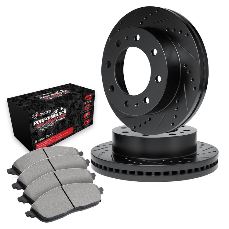 E-Line Drilled & Slotted Black Brake Rotor Set w/Performance Off-Road/Tow Pads, 1992-2002 GM, Position: Front