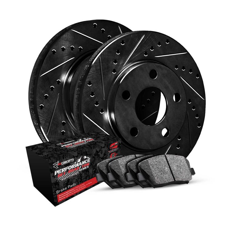 E-Line Drilled & Slotted Black Brake Rotor Set w/Performance Off-Road/Tow Pads, 2011-2019 GM, Position: Front