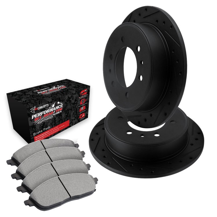 E-Line Drilled & Slotted Black Brake Rotor Set w/Performance Off-Road/Tow Pads, 2004-2015 Infiniti/Nissan, Position: Rear