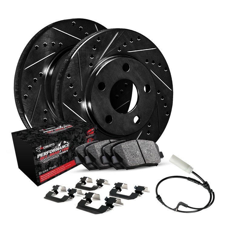 E-Line Drilled & Slotted Black Brake Rotor Set w/Performance Off-Road/Tow Pads, Sensor, & Hardware, 2013-2019 Mercedes-Benz
