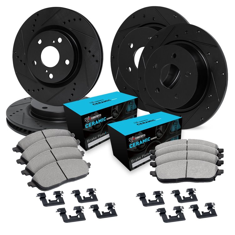 E-Line Drilled & Slotted Black Brake Rotor Set w/Ceramic Pads & Hardware, 2018-2020 Kia/Hyundai/Genesis, Position: Front & Rear