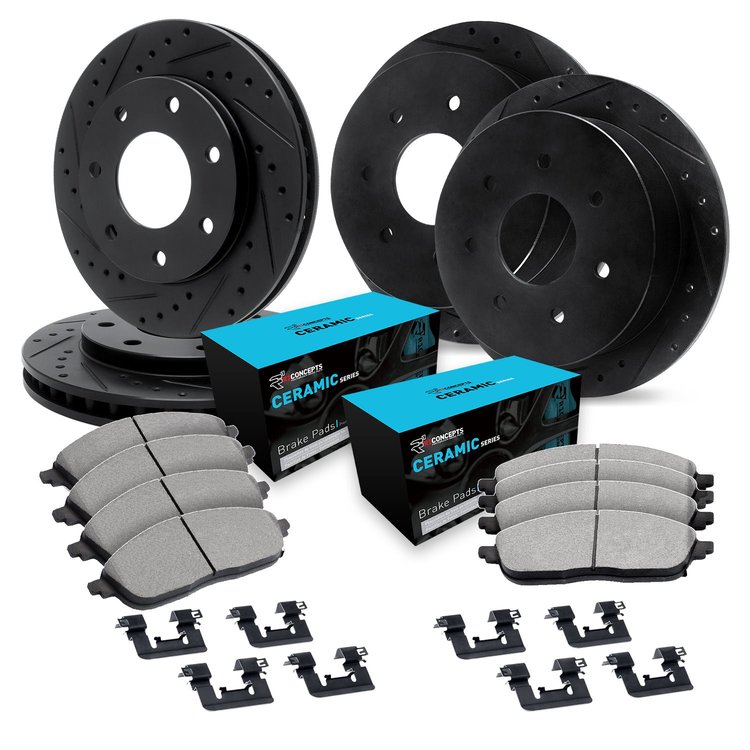 E-Line Drilled & Slotted Black Brake Rotor Set w/Ceramic Pads & Hardware, 1997-2002 Ford/Lincoln/Mercury/Mazda