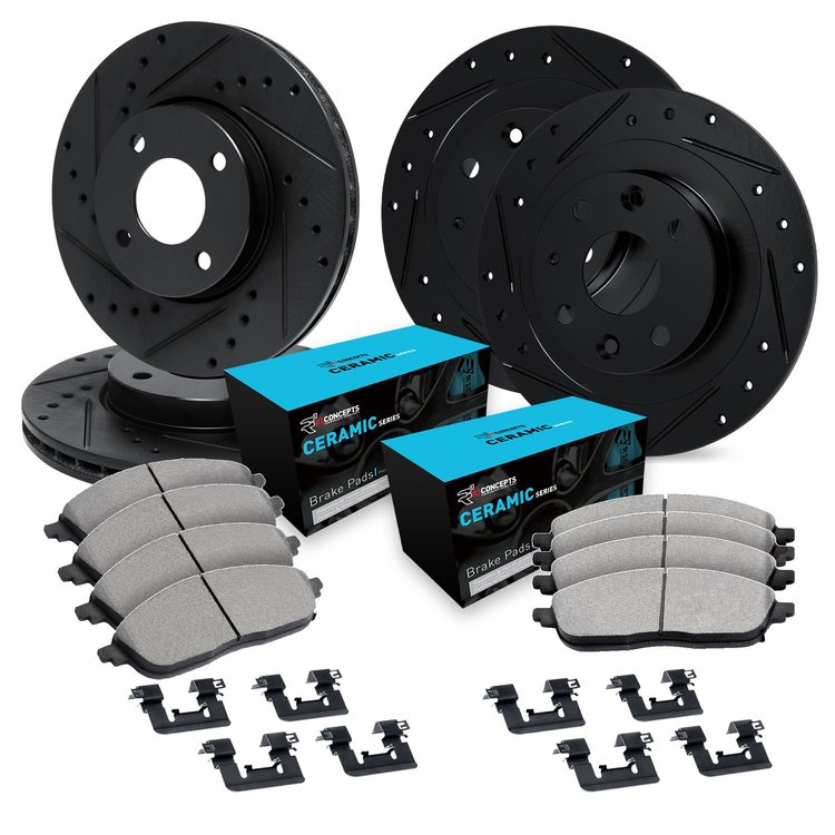 E-Line Drilled & Slotted Black Brake Rotor Set w/Ceramic Pads & Hardware, 1984-1985 Infiniti/Nissan, Position: Front & Rear