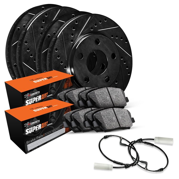 E-Line Drilled & Slotted Black Brake Rotor Set w/Super-Duty Pads & Sensor, 2002-2006 Fits Multiple Makes/Models