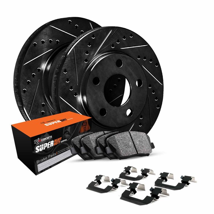 E-Line Black Drilled & Slotted Brake Rotors w/Super-Duty Pads & Hardware Kit, 2008-2016 Fits Multiple Makes/Models