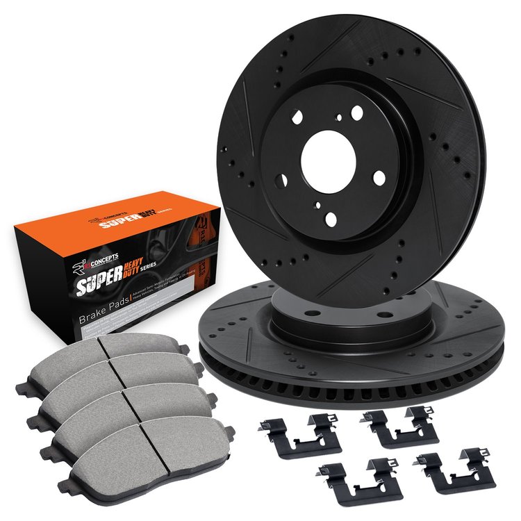 E-Line Black Drilled & Slotted Brake Rotors w/Super-Duty Pads & Hardware Kit, 1994-2000 GM, Position: Front