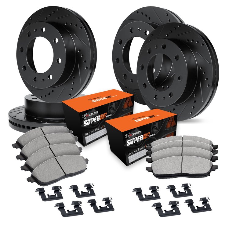 E-Line Drilled & Slotted Black Brake Rotor Set w/Super-Duty Pads & Hardware, 1999-2000 Ford/Lincoln/Mercury/Mazda