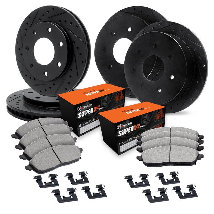 E-Line Black Drilled & Slotted Brake Rotors w/Super-Duty Pads & Hardware Kit, 1997-2002 Ford/Lincoln/Mercury/Mazda