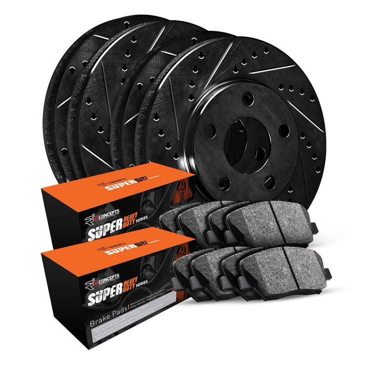 E-Line Drilled & Slotted Black Brake Rotor Set w/Super-Duty Pads, 2007-2017 Fits Multiple Makes/Models, Position: Front & Rear