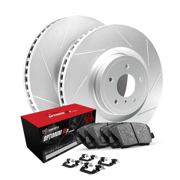GEO-Carbon Slotted Brake Rotor Set w/Optimum OE Pads & Hardware, 2009-2019 Mopar, Position: Rear