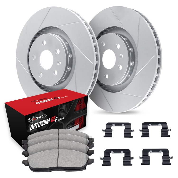 GEO-Carbon Slotted Brake Rotor Set w/Optimum OE Pads & Hardware, 1999-1999 Mopar, Position: Front