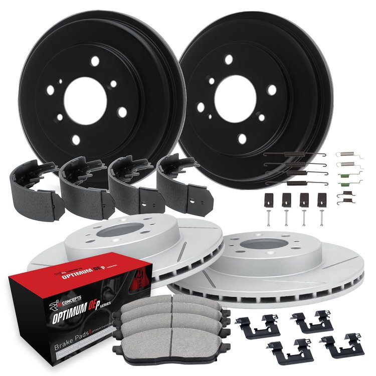 GEO-Carbon Slotted Brake Rotor & Drum Set w/Optimum OE Pads, Shoes, & Hardware, 2001-2001 Kia/Hyundai/Genesis