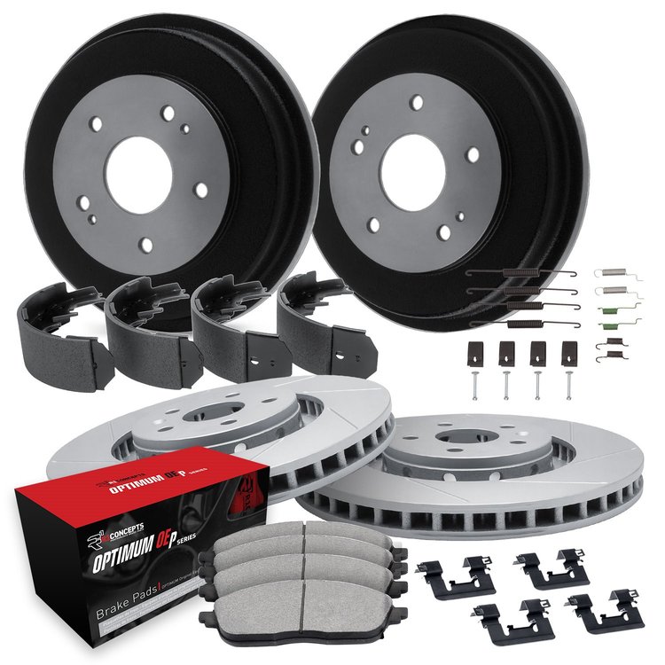GEO-Carbon Slotted Brake Rotor & Drum Set w/Optimum OE Pads, Shoes, & Hardware, 2003-2004 Ford/Lincoln/Mercury/Mazda