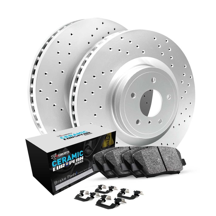 GEO-Carbon Drilled Brake Rotor Set w/Euro Ceramic Pads & Hardware, 2005-2006 Audi/Porsche/Volkswagen, Position: Rear