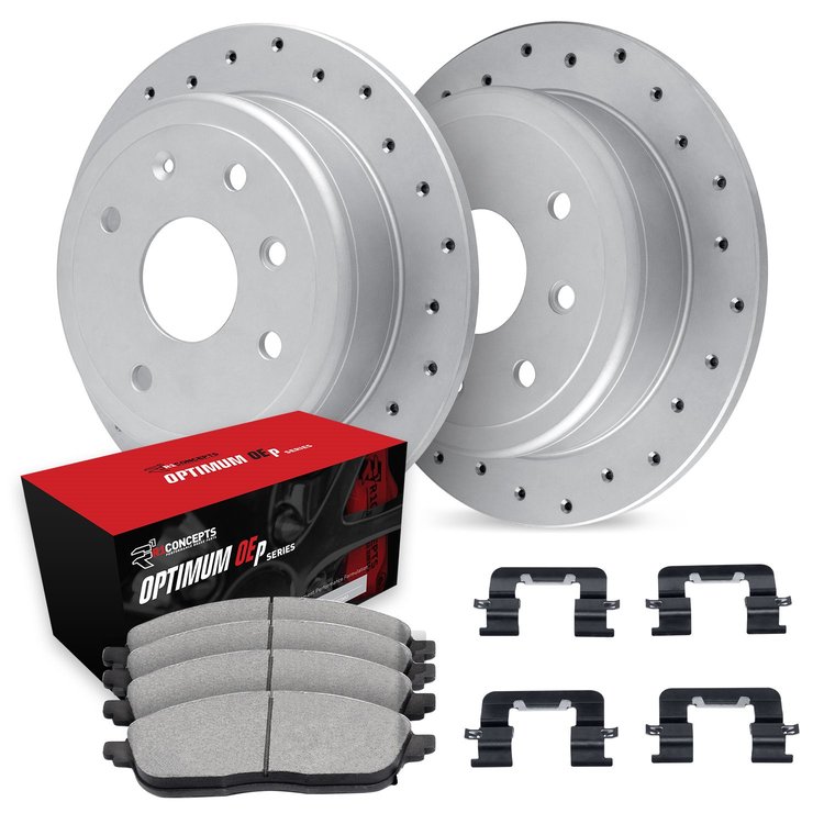 GEO-Carbon Drilled Brake Rotor Set w/Optimum OE Pads & Hardware, 1998-1998 Mitsubishi, Position: Front