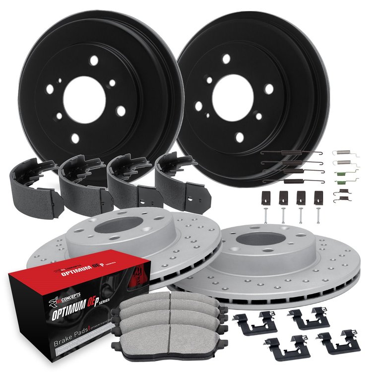 GEO-Carbon Drilled Brake Rotor & Drum Set w/Optimum OE Pads, Shoes, & Hardware, 2001-2001 Kia/Hyundai/Genesis