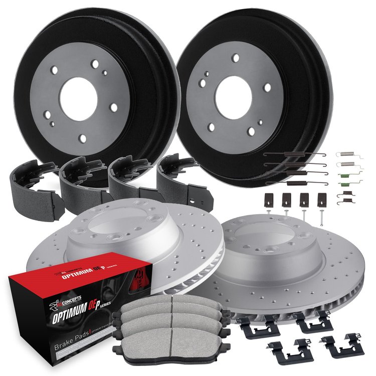 GEO-Carbon Drilled Brake Rotor & Drum Set w/Optimum OE Pads, Shoes, & Hardware, 2003-2004 Ford/Lincoln/Mercury/Mazda