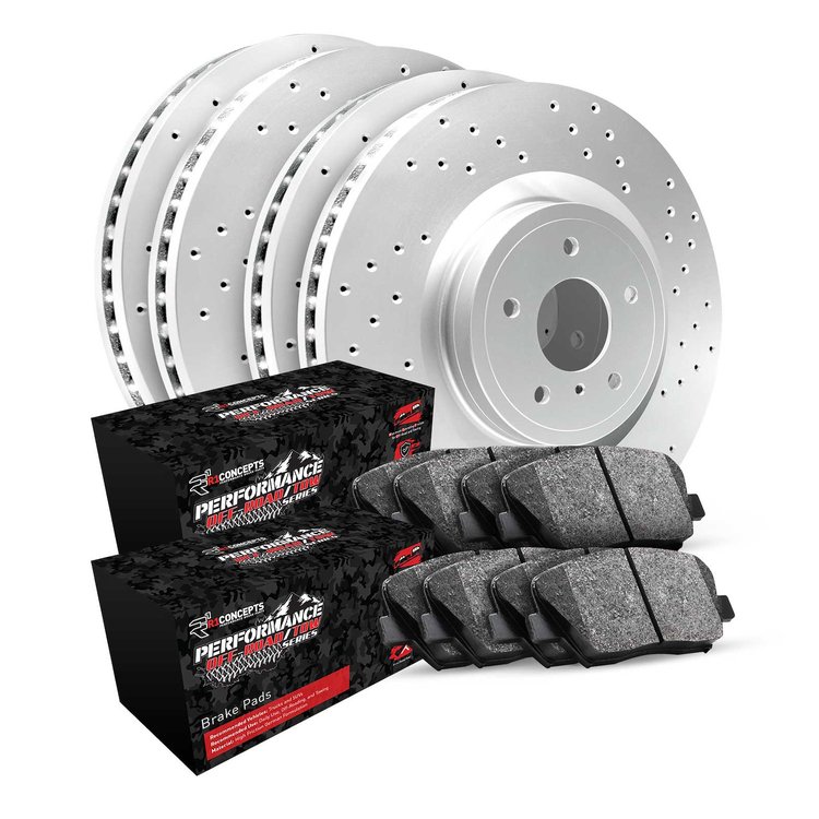 GEO-Carbon Drilled Brake Rotor Set w/Performance Off-Road/Tow Pads, 2000-2002 Mopar, Position: Front & Rear