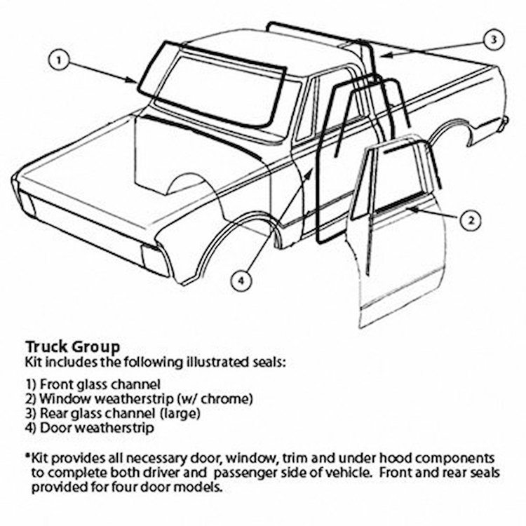 GMK4143900676S Weatherstrip Kit 1967-1970 Chevrolet C/K Truck Models With Chrome Reval Molding Sash Chrome & Big Back Window