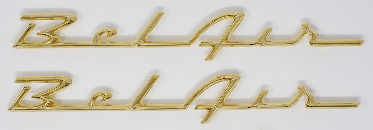 SB-19Gold Quarter Panel Scripts, 1955-1956 Bel Air, 24K Gold Plated w/Clips, Pair