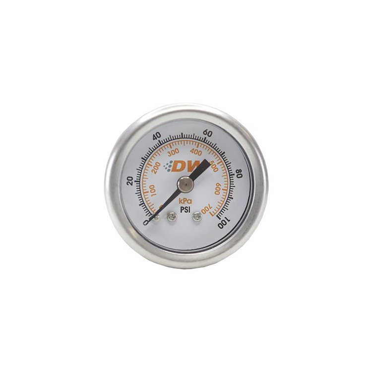601G Mechanical fuel pressure gauge. 1/8 NPT. 0-100 psi. 1.5" Diameter. Brushed HousingWhite Face