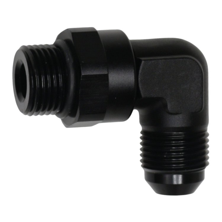 6020411B 8AN ORB Male Swivel to 8AN Male Flare 90-Degree Fitting Anodized Matte Black