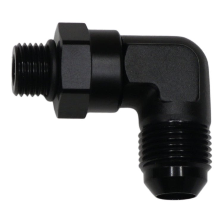 6020413B 6AN ORB Male Swivel to 8AN Male Flare 90-Degree Anodized Matte Black