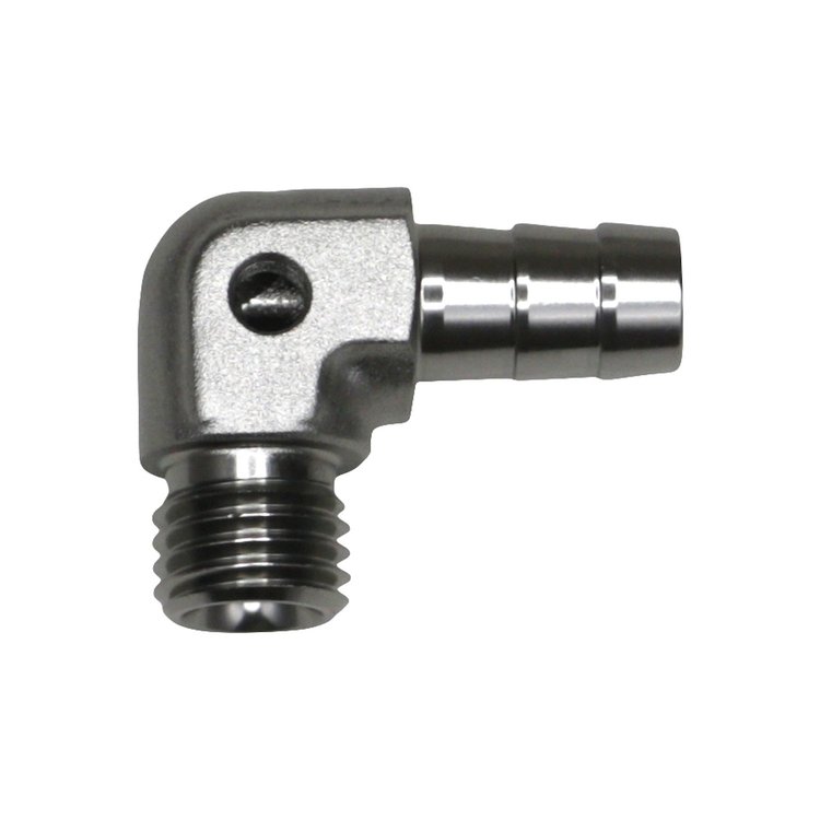 6020650 Metric M12 to 3/8 Inch Hose Barb 90-Degree Fitting w/ 1/8 Inch Venturi Port Anodized DW Titanium