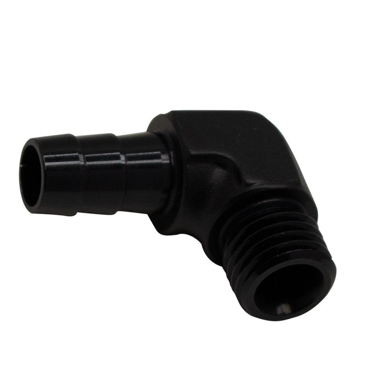 6020650B Metric M12 to 3/8 Inch Hose Barb 90-Degree Fitting w/ 1/8 Inch Venturi Port Anodized Matte Black