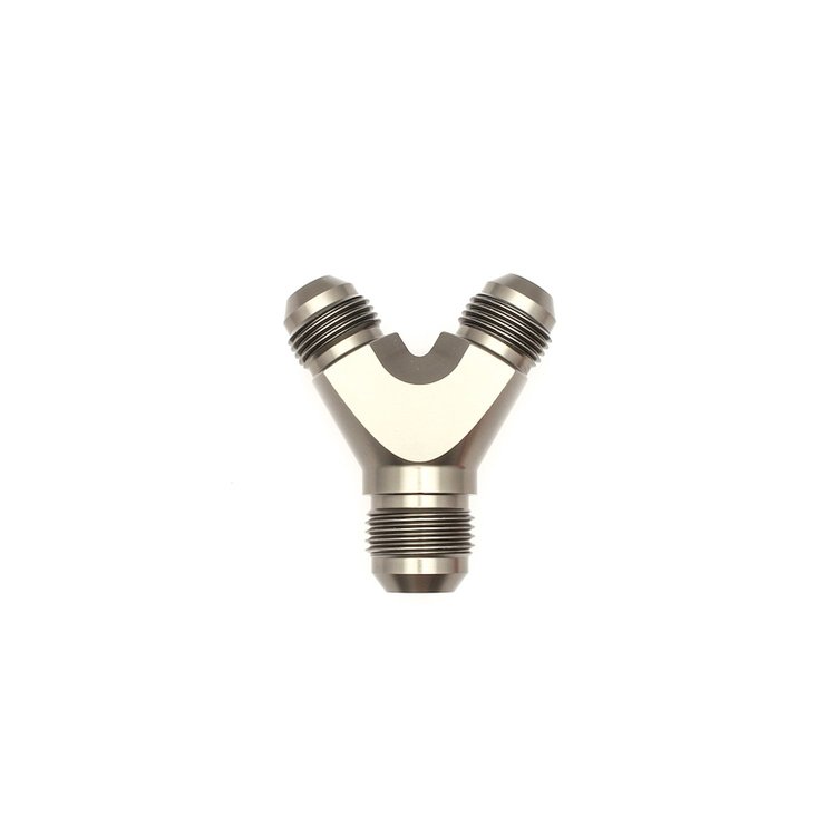 6020703 8AN Male Flare to 8AN Male Flare to 10AN Male Flare Y Block Fitting Anodized DW Titanium