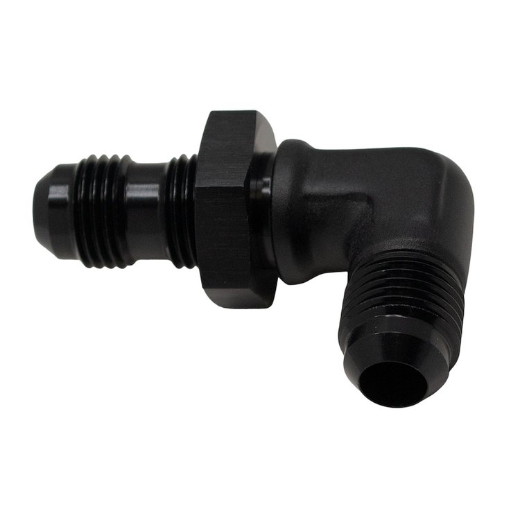 6020710B 6AN Male Flare to 6AN Male Flare Bulkhead Adapter 90-Degree (Incl Nut) Anodized Matte Black