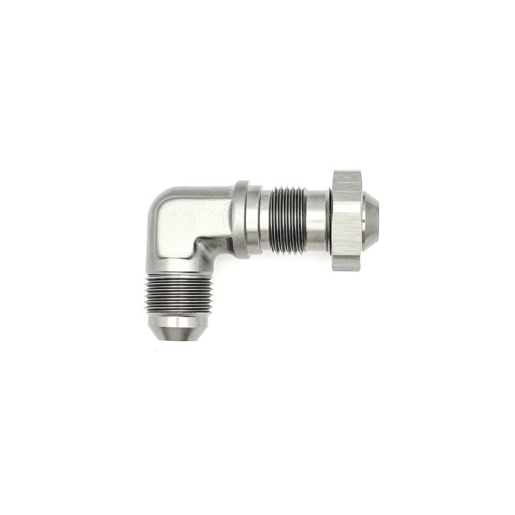 6020711 8AN Male Flare to 8AN Male Flare Bulkhead Adapter 90-Degree (Incl Nut) Anodized DW Titanium