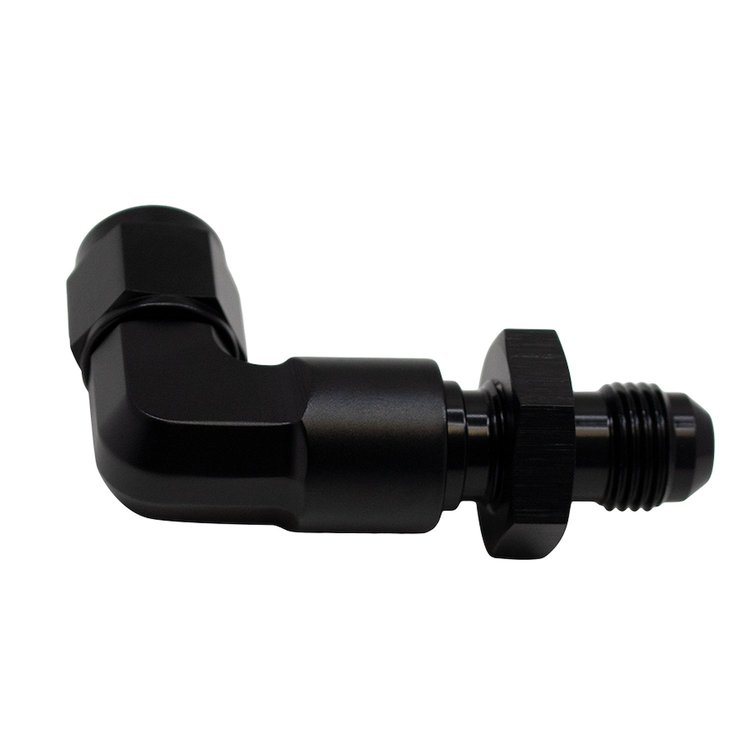 6020727B 6AN Female Flare Swivel to 6AN Male Flare 90-Degree Bulkhead Extended Length Include Nut Anodized Matte Black