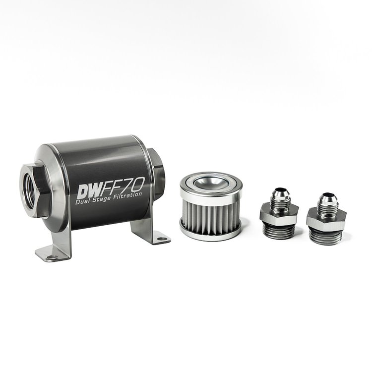 803070005K6 In-line fuel filter element and housing kit stainless steel 5 micron -6AN 70mm. Universal