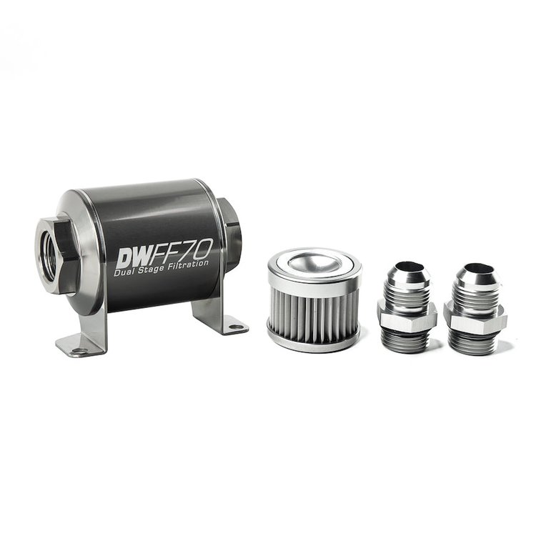 803070010K10 In-line fuel filter element and housing kit stainless steel 10 micron -10AN 70mm. Universal