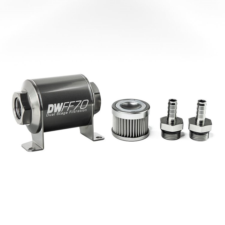 803070010K38 In-line fuel filter element and housing kit stainless steel 10 micron 3/8in hose barb 70mm. Universal