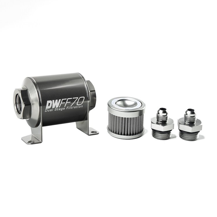 803070010K6 In-line fuel filter element and housing kit stainless steel 10 micron -6AN 70mm. Universal