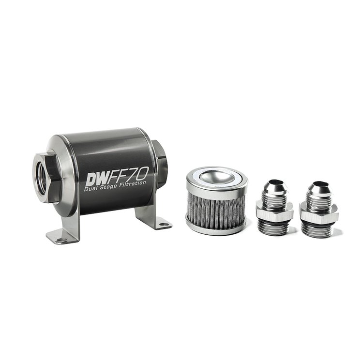 803070010K8 In-line fuel filter element and housing kit stainless steel 10 micron -8AN 70mm. Universal