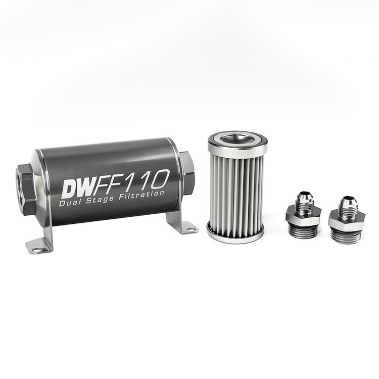 803110005K6 In-line fuel filter element and housing kit stainless steel 5 micron -6AN 110mm. Universal