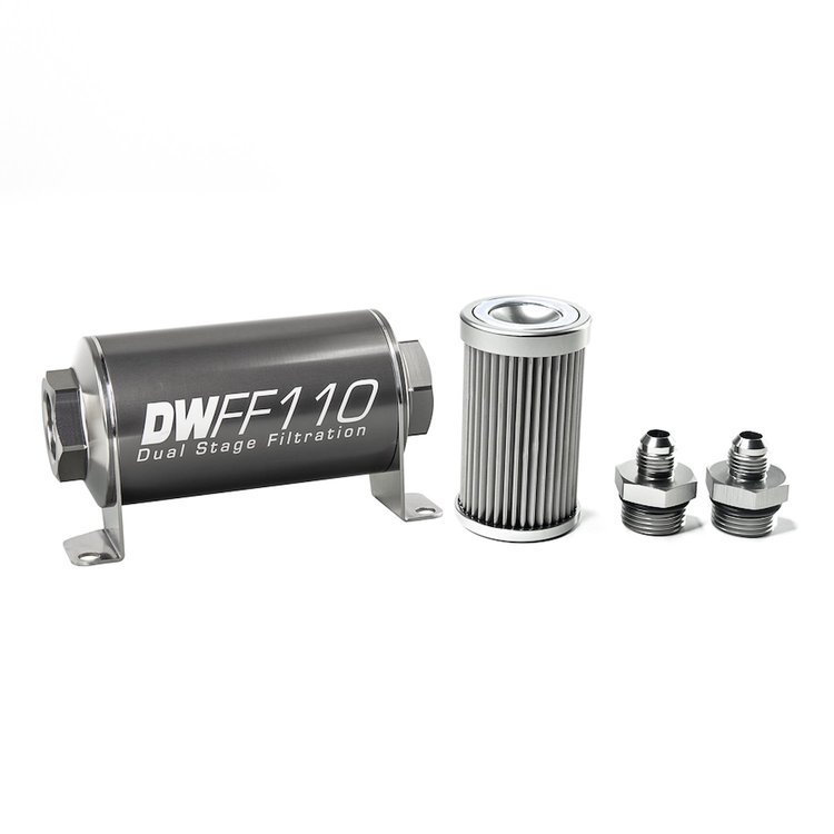 803110010K6 In-line fuel filter element and housing kit stainless steel 10 micron -6AN 110mm. Universal