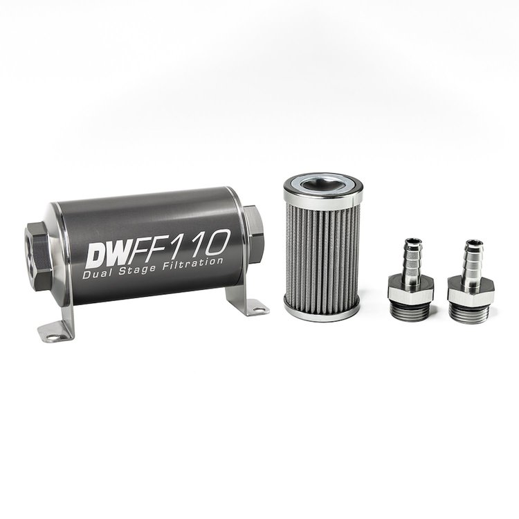 803110100K38 In-line fuel filter element and housing kit stainless steel 100 micron 3/8in hose barb 110mm. Universal