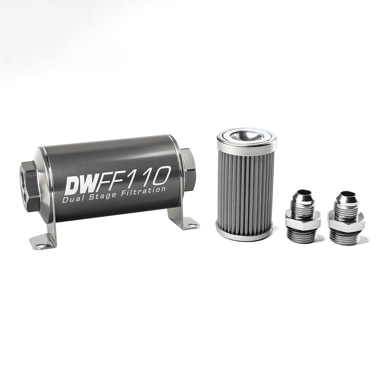803110100K8 In-line fuel filter element and housing kit stainless steel 100 micron -8AN 110mm. Universal