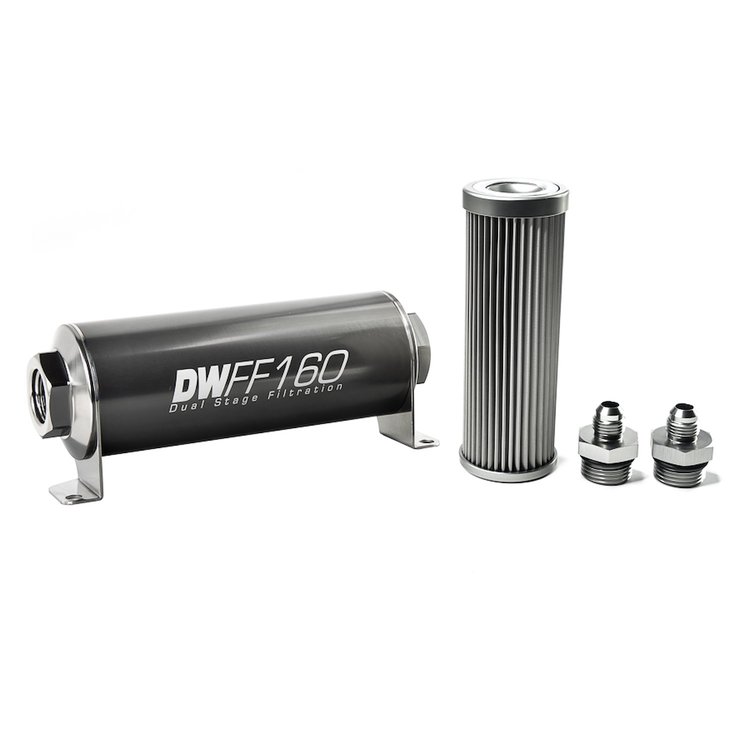 803160010K6 In-line fuel filter element and housing kit stainless steel 10 micron -6AN 160mm. Universal