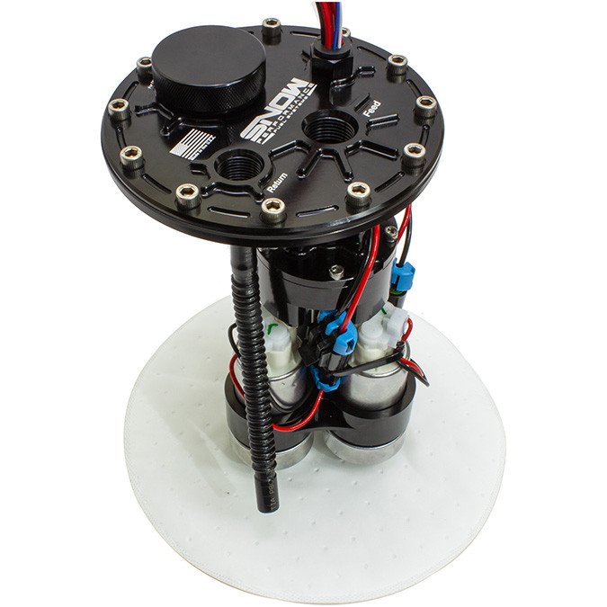 Multi-Pump Billet Fuel Hat for Universal 10 Gallon Fuel Cells [3-Pump Max Flow, 8.72 in. Tank Depth, Black Anodized]