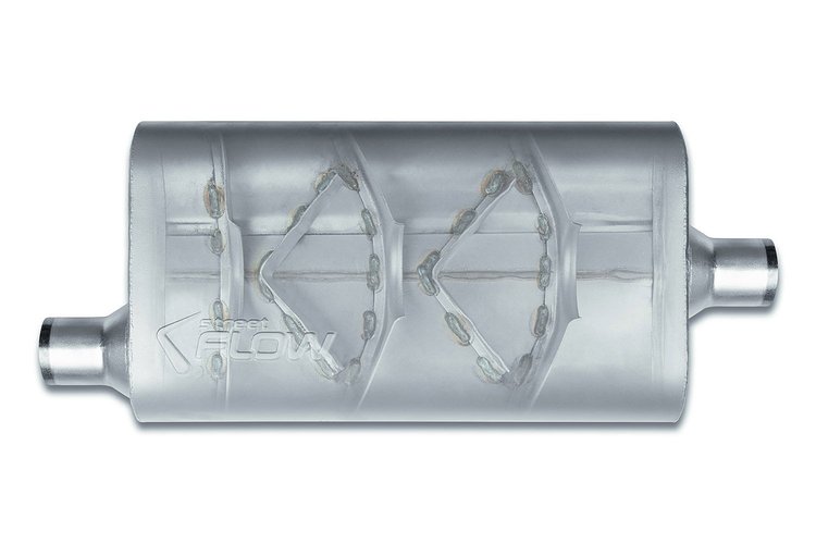 Street-Series Street Flow Muffler, 3-Chamber Inlet/Outlet: 2.250 in., Offset In/Center Out [Satin Finish]
