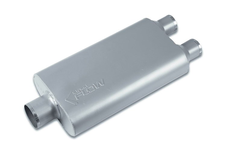 Street-Series Street Flow Muffler, 3-Chamber, Inlet/Outlet: 3 in./2.250 in., Center In/Dual Out [Satin Finish]